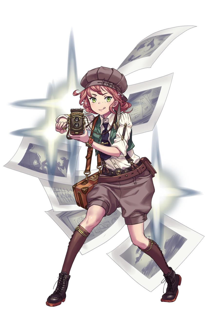 1girl belt belt_pouch black_footwear black_neckwear briefcase brown_hat brown_legwear brown_shorts camera cathy_higgins freckles full_body green_eyes hat highres licking_lips looking_at_viewer medium_hair necktie official_art pen photo_(object) pocket princess_principal princess_principal_game_of_mission redhead shoes shorts solo standing suspenders tongue tongue_out transparent_background twin-lens_reflex_camera vest watch watch