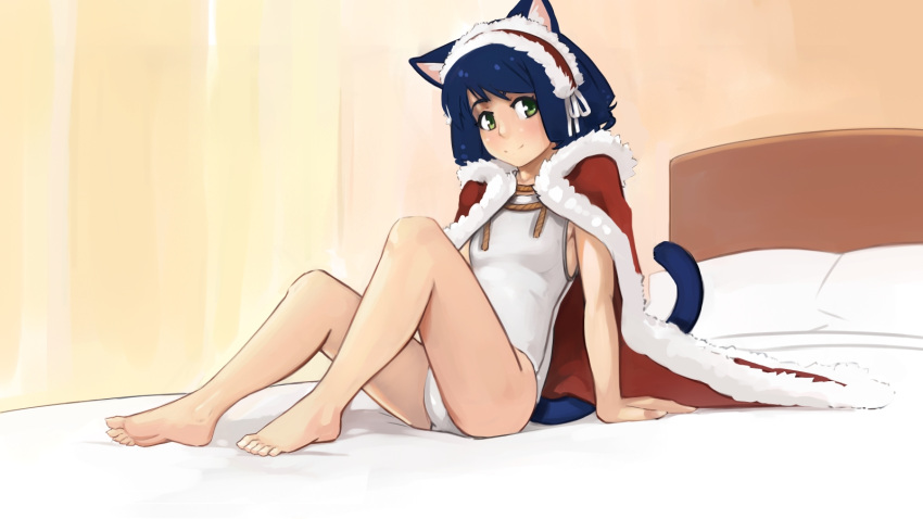 1girl animal_ears barefoot bed cat_ears cat_tail christmas_costume cyan_(show_by_rock!!) feet green_eyes highres indoors light_smile looking_at_viewer on_bed paintrfiend show_by_rock!! sitting sitting_on_bed solo tail toes