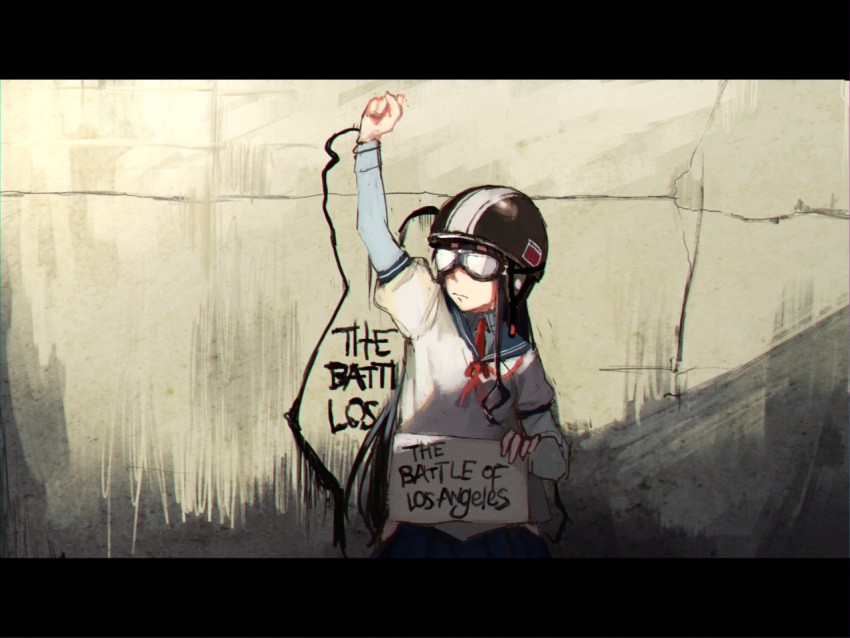 10s 1girl black_hair clenched_hand cracked_wall goggles graffiti helmet holding holding_sign kantai_collection ken_sogen letterboxed long_hair necktie ooyodo_(kantai_collection) red_necktie red_ribbon ribbon school_uniform serafuku sign