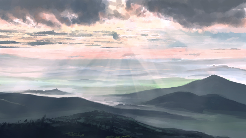 absurdres banishment clouds cloudy_sky commentary_request day fog highres hill landscape overcast sky sunlight valley