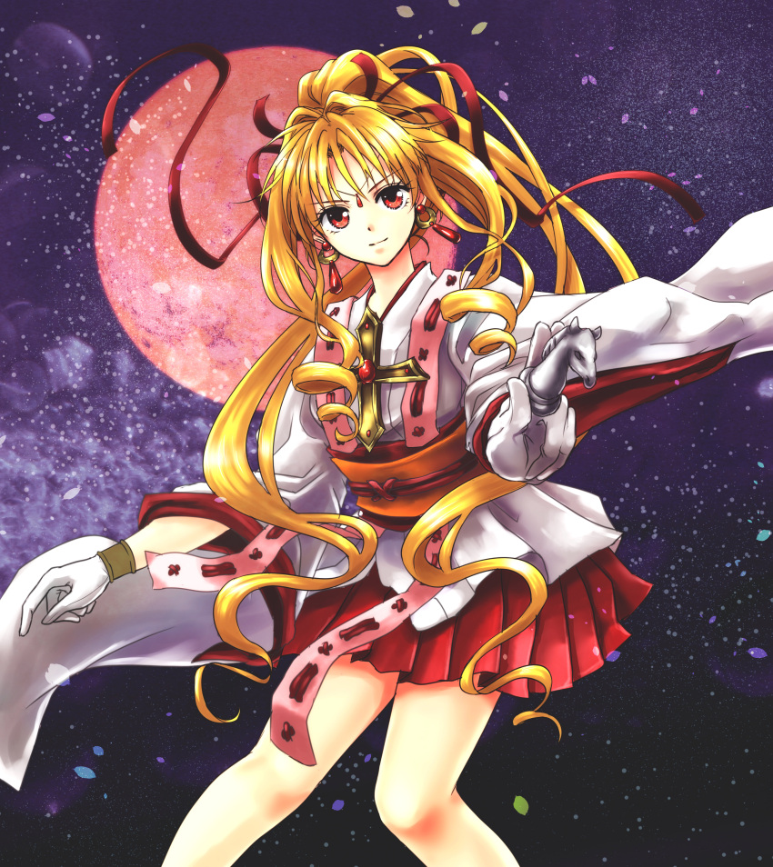 1girl absurdres blonde_hair bow chess_piece closed_mouth cropped_legs cross earrings full_moon ginnan gloves hair_bow hair_intakes highres holding jewelry kaitou_jeanne kamikaze_kaitou_jeanne kusakabe_maron long_hair looking_at_viewer magical_girl moon pleated_skirt ponytail red_bow red_eyes red_moon red_skirt skirt smile solo white_gloves