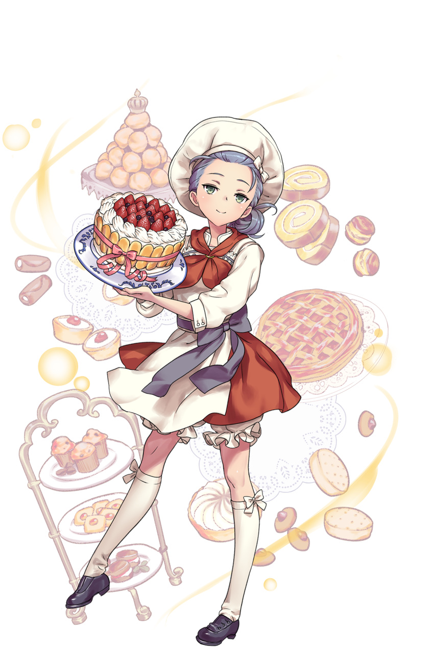 1girl apron black_footwear braid cake chef_hat cookie crown dessert food fruit full_body green_eyes hat highres looking_at_viewer macaron muffin nikki_quinnell official_art plate princess_principal princess_principal_game_of_mission purple_hair red_skirt scone shoes skirt smile standing strawberry tiered_tray waffle white_legwear