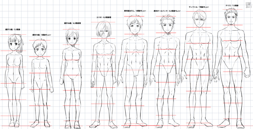 2girls 6+boys breasts child christophe_giacometti dual_persona eyes_visible_through_hair facial_hair hair_over_one_eye hair_ribbon height_chart highres katsuki_ichiru katsuki_yuuri monochrome multiple_boys multiple_girls nishigoori_yuuko ponytail ribbon smile toned toned_male translation_request viktor_nikiforov younger yuri!!!_on_ice yuri_plisetsky