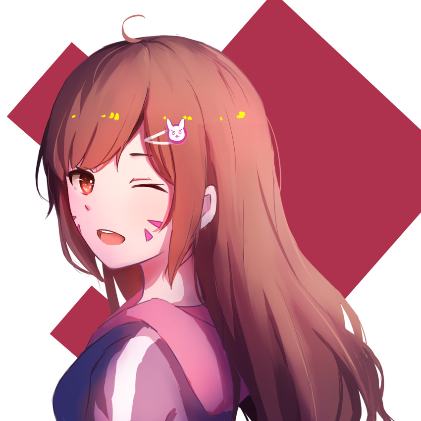 1girl ;d ahoge brown_hair bunny_hair_ornament d.va_(overwatch) facial_mark hair_ornament highres long_hair looking_at_viewer one_eye_closed open_mouth overwatch portrait red_eyes shy_(953416992) smile solo