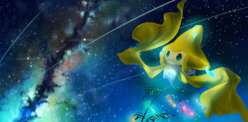 closed_mouth flying green_eyes highres jirachi looking_to_the_side milky_way no_humans plant pokemon pokemon_(creature) scenery shooting_star sky smile solo star_(sky) starry_sky teru_sakura