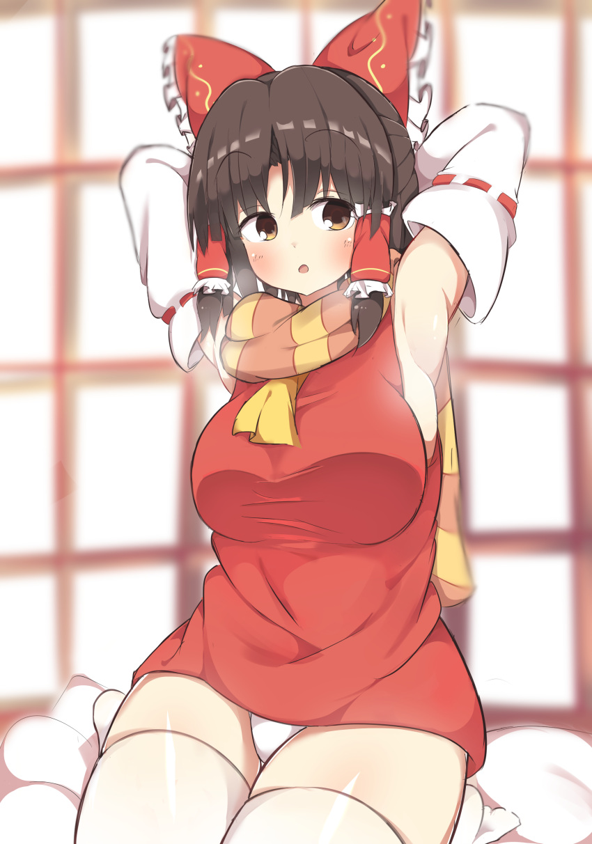 1girl absurdres akabeco armpits arms_behind_head benikurage blush bow breasts brown_eyes brown_hair cookie_(touhou) eyebrows_visible_through_hair hair_bow hair_tubes hakurei_reimu highres large_breasts looking_away panties parted_lips red_bow short_hair solo thick_thighs thigh-highs thighs touhou underwear white_legwear white_panties