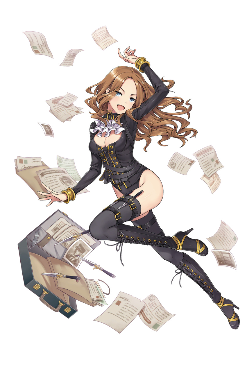 1girl annette_grace arm_up black_footwear black_legwear blue_eyes boots bracelet breasts briefcase brown_hair cleavage cross-laced_footwear file full_body high_heel_boots high_heels highres jewelry knee_boots knife leg_belt leg_up long_hair looking_at_viewer medium_breasts official_art papers princess_principal princess_principal_game_of_mission thigh-highs throwing_knife