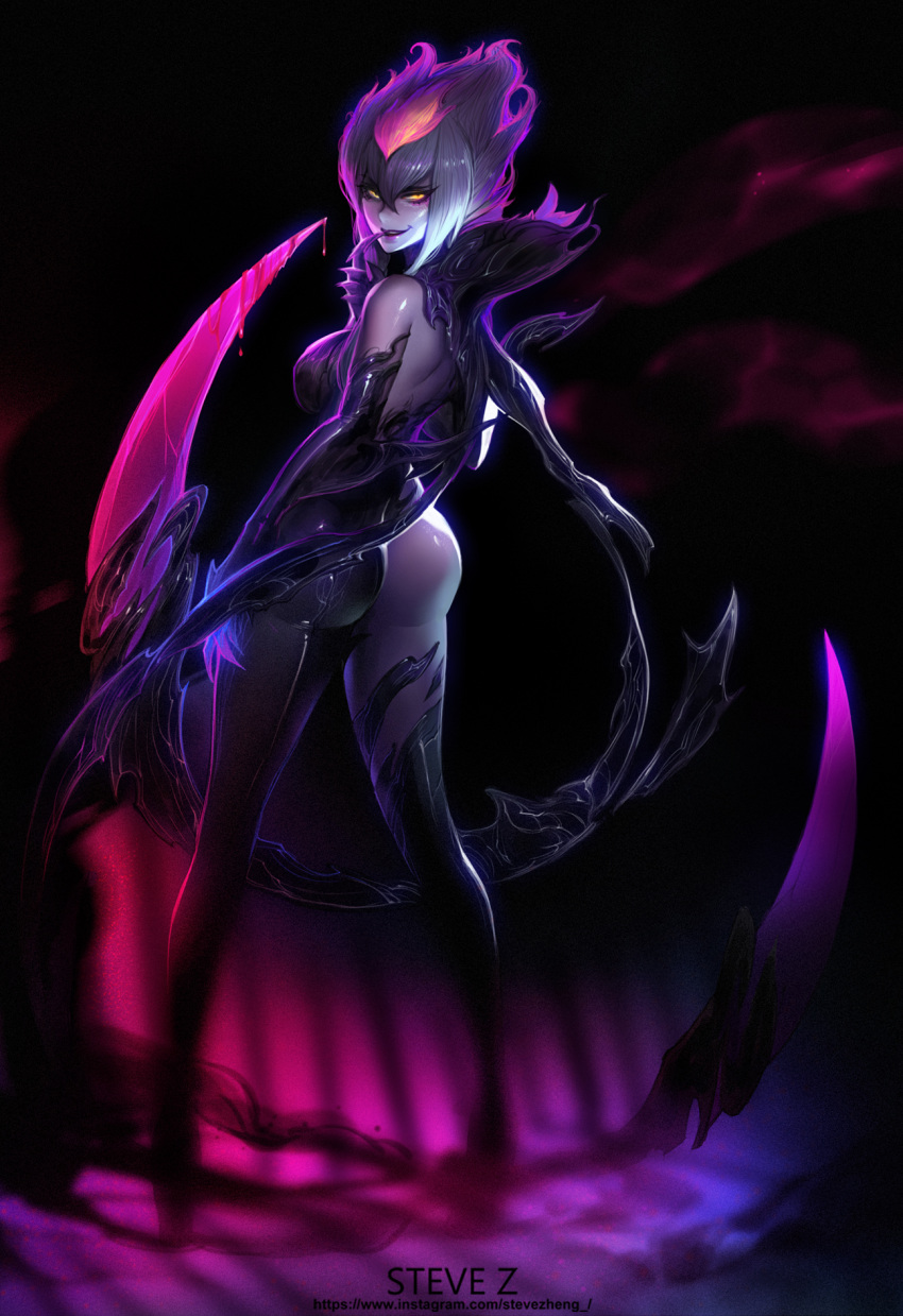 1girl :d artist_name ass bare_shoulders black_background blood breasts evelynn finger_to_mouth fingernails from_behind full_body hair_between_eyes highres league_of_legends legs looking_at_viewer looking_back medium_breasts multicolored_hair open_mouth pink_hair scythe sharp_fingernails sideboob simple_background smile solo standing steve_zheng two-tone_hair watermark web_address white_hair white_skin yellow_eyes