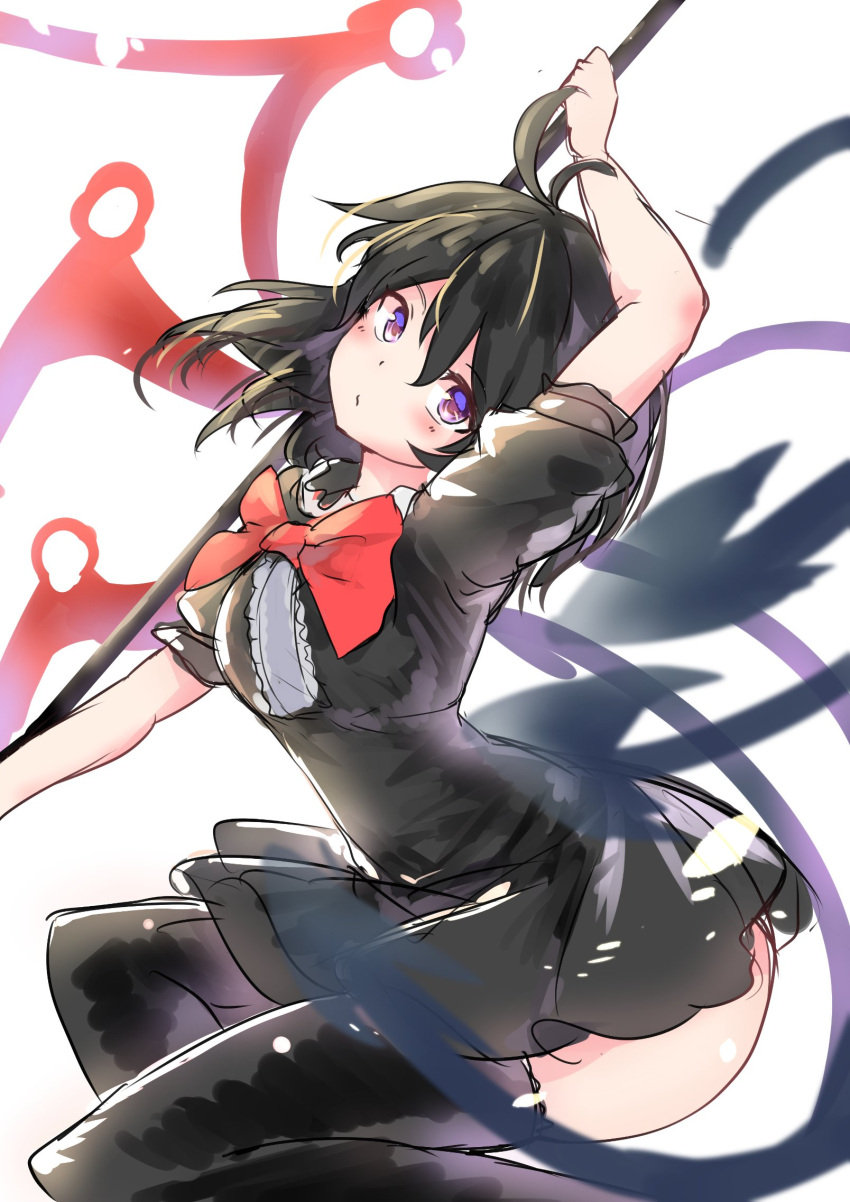 1girl arm_over_head asymmetrical_wings black_hair black_legwear bow bowtie dress eyebrows_visible_through_hair highres houjuu_nue kushidama_minaka looking_at_viewer microdress polearm simple_background solo tagme thigh-highs touhou weapon white_background wings zettai_ryouiki