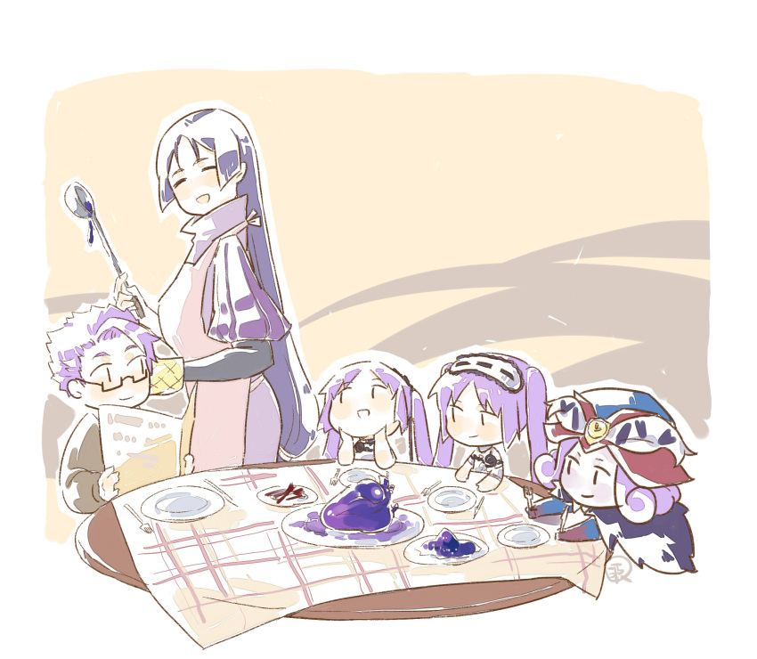 2boys 3girls black-framed_eyewear bone carnival_phantasm chibi color_connection commentary_request emiya-san_chi_no_kyou_no_gohan euryale fate/grand_order fate/hollow_ataraxia fate_(series) fork hairband hat head_rest heart highres holding holding_fork holding_knife holding_ladle holding_newspaper holding_paper isaac_bou knife ladle lancelot_(fate/grand_order) lolita_hairband long_hair looking_at_another low-tied_long_hair mephistopheles_(fate/grand_order) minamoto_no_raikou_(fate/grand_order) multiple_boys multiple_girls newspaper paper plate purple_blood purple_hair red_hat semi-rimless_eyewear short_hair stheno table tablecloth type-moon under-rim_eyewear very_long_hair