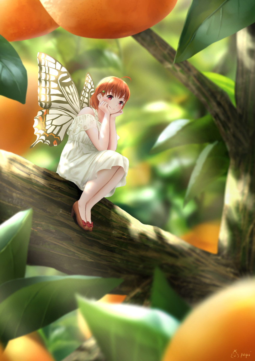 1girl ahoge bangs blurry bow brown_footwear butterfly_wings closed_mouth clover_hair_ornament day depth_of_field dress full_body green_dress hair_ornament hairclip hands_on_own_cheeks hands_on_own_face highres in_tree leaf legs_together looking_at_viewer love_live! love_live!_sunshine!! minigirl no_socks orange_hair outdoors papi_(papiron100) red_bow red_eyes shoe_bow shoes short_hair short_sleeves signature sitting smile solo sunlight takami_chika tree wings