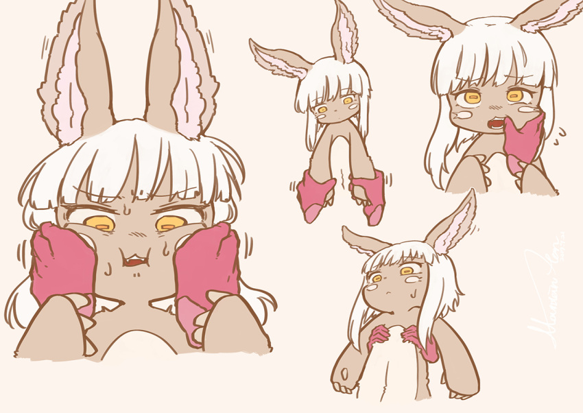 1girl animal_ears arm_grab cheek_squash fangs finger_in_mouth floating_hand flying_sweatdrops furry hands_on_another's_chest lifting_person made_in_abyss nanachi_(made_in_abyss) simple_background solo_focus whiskers white_hair yama_gan yellow_eyes
