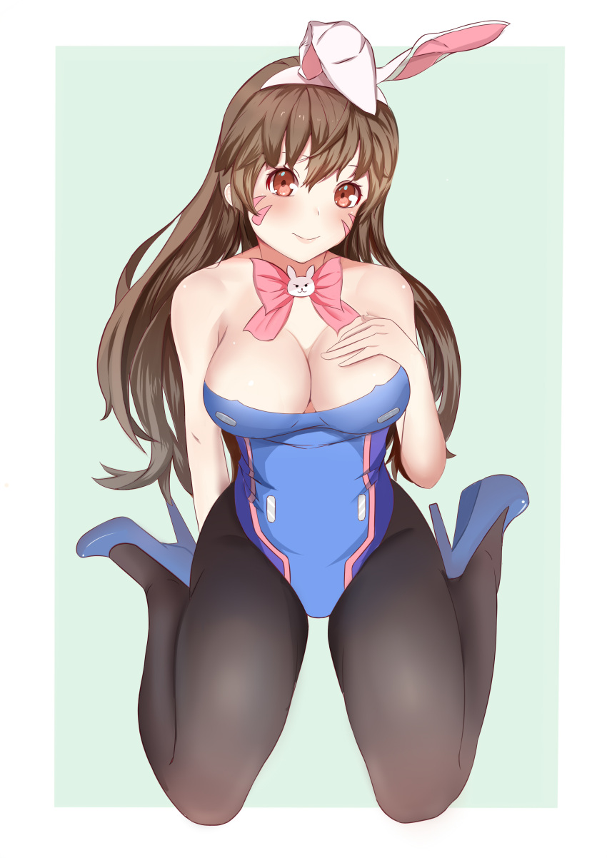 1girl absurdres adapted_costume animal_ears black_legwear blue_footwear blue_leotard blush bow bowtie breasts brown_eyes brown_hair bunny_girl bunnysuit c.c cleavage closed_mouth d.va_(overwatch) facepaint fake_animal_ears full_body green_background hairband head_tilt high_heels highres leotard lips long_hair looking_at_viewer medium_breasts overwatch pink_bow pink_bowtie rabbit_ears shoes simple_background sitting smile solo strapless strapless_leotard wariza whisker_markings white_hairband