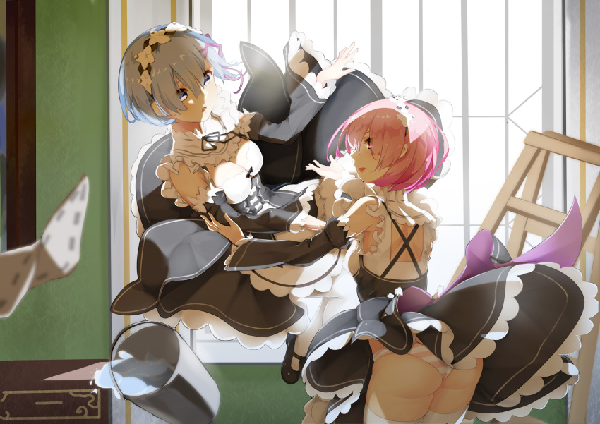 2girls absurdres ass blue_eyes blue_hair bucket detached_sleeves grandgua hair_between_eyes hair_ornament highres maid mary_janes multiple_girls panties pantyshot pantyshot_(standing) pink_hair ram_(re:zero) re:zero_kara_hajimeru_isekai_seikatsu rem_(re:zero) shoes short_hair standing striped striped_panties thigh-highs thighs underwear upskirt white_legwear wings x_hair_ornament