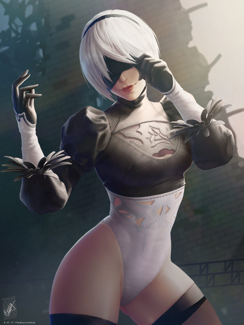 1girl alternate_costume blindfold feather-trimmed_sleeves georgy_stacker hairband highres leotard nier_(series) nier_automata short_hair silver_hair smile solo sunlight thigh-highs yorha_no._2_type_b