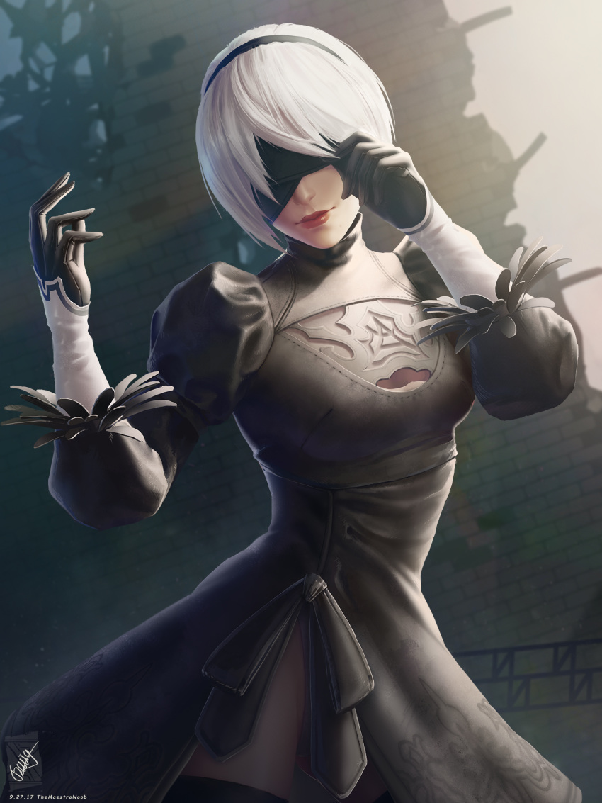 1girl black_dress blindfold dress feather-trimmed_sleeves georgy_stacker hairband highres nier_(series) nier_automata short_hair side_slit silver_hair smile solo sunlight thigh-highs yorha_no._2_type_b