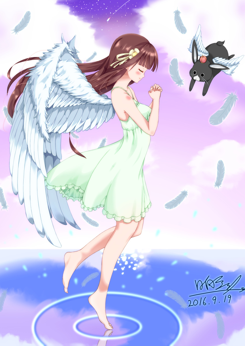 1girl angel_wings animal anko_(gochiusa) bangs bare_shoulders barefoot blunt_bangs blush breasts brown_hair closed_eyes closed_mouth clouds commentary_request crown dated dress eyebrows_visible_through_hair feathers flower flying from_side full_body gochuumon_wa_usagi_desu_ka? green_dress hair_flower hair_ornament hands_together highres hinata_tino interlocked_fingers long_hair medium_breasts mini_crown outdoors rabbit ribbon ripples signature sky sleeveless sleeveless_dress standing standing_on_liquid standing_on_one_leg star_(sky) starry_sky ujimatsu_chiya wings yellow_flower yellow_ribbon