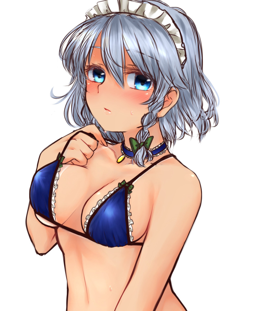 1girl absurdres bangs bare_shoulders blue_bikini_top blue_eyes blue_hair blush bow braid breasts choker closed_mouth eyebrows_visible_through_hair green_bow hair_between_eyes hair_bow halter_top halterneck highres izayoi_sakuya looking_at_viewer maid_headdress medium_breasts omochi_(remisaku495) short_hair side_braid simple_background solo sweat tan touhou twin_braids upper_body white_background