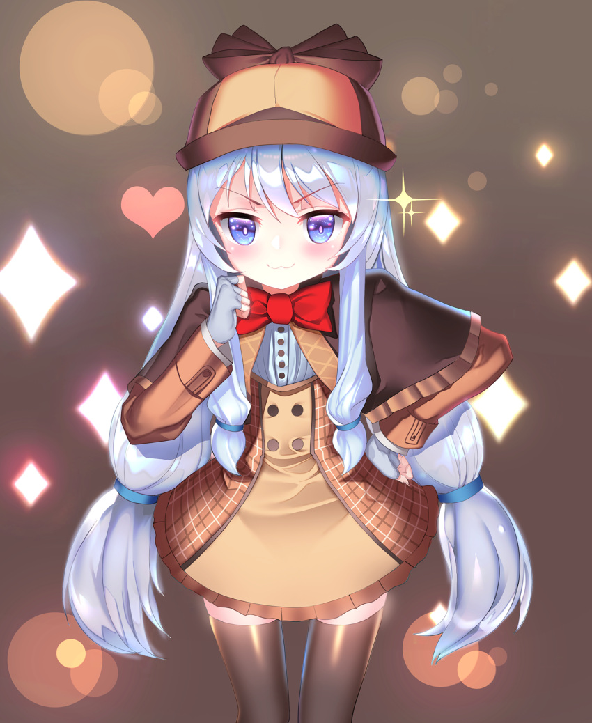 1girl :3 blue_eyes capelet hat highres long_hair looking_at_viewer low_tied_hair low_twintails silver_hair solo soul_worker stella_univel thigh-highs tttanggvl twintails