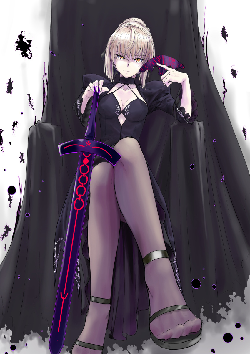 1girl artoria_pendragon_(all) bangs black_dress black_legwear blonde_hair braid breasts choker dark_excalibur dress eyebrows_visible_through_hair fate/stay_night fate_(series) french_braid frown hair_bun hand_on_hilt highres holding holding_mask juliet_sleeves legs_crossed long_sleeves looking_at_viewer mask mask_removed medium_breasts nib_pen_(medium) pantyhose puffy_sleeves saber_alter shoes short_hair sitting solo sword throne traditional_media weapon yellow_eyes zooanime