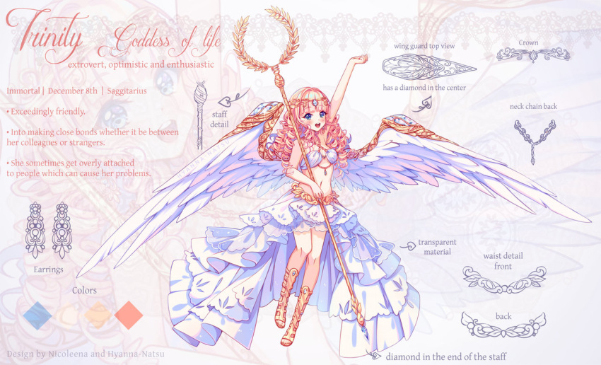 1girl angel_wings arm_up bangs bare_arms bare_shoulders blonde_hair blue_eyes blunt_bangs blush boots borrowed_character circlet criss-cross_halter directional_arrow drill_hair earrings english eyebrows_visible_through_hair feathered_wings full_body gem halterneck holding holding_staff hyanna-natsu jewelry knee_boots layered_skirt long_hair long_skirt looking_at_viewer navel open_toe_shoes original round_teeth shoes skirt solo staff stomach tareme teeth text white_skirt white_wings wings yellow_boots