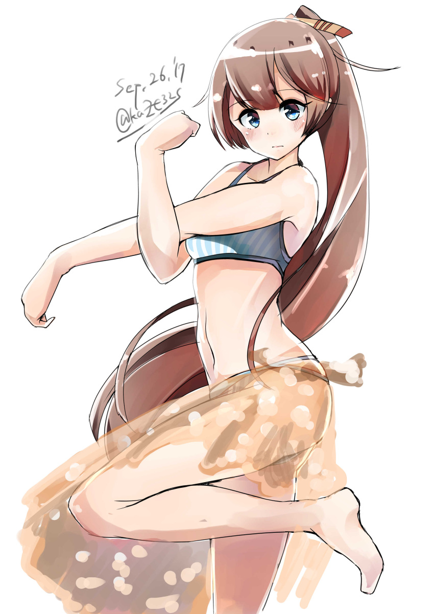 10s 1girl 2017 absurdres aqua_bikini barefoot bikini brown_hair clenched_hand dated from_side grey_eyes hair_ribbon highres kantai_collection kazagumo_(kantai_collection) kazu_(really_in_hot_water_now) long_hair ponytail ribbon sarong simple_background solo standing standing_on_one_leg stretch striped striped_bikini swimsuit tsurime twitter_username white_background