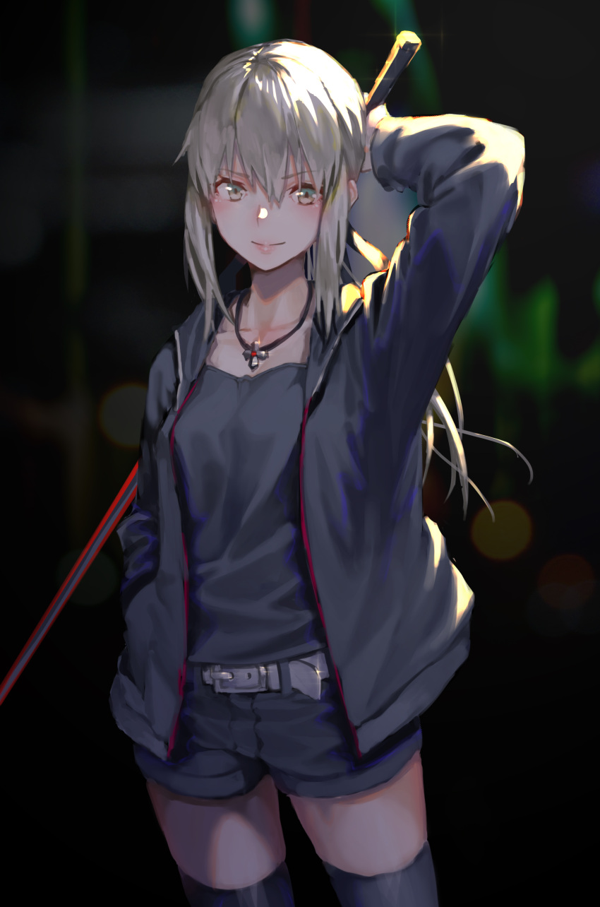 1girl absurdres arm_behind_head arm_up artoria_pendragon_(all) bangs belt belt_buckle black_jacket black_legwear black_shorts blonde_hair blurry blurry_background buckle cowboy_shot fate/grand_order fate_(series) hair_ribbon hand_in_pocket highres holding jacket jewelry long_hair long_sleeves looking_at_viewer necklace ponytail ribbon rolua saber_alter shorts sidelocks smile solo sparkle thigh-highs yellow_eyes