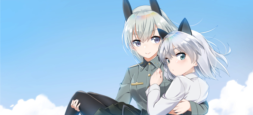 2girls animal_ears aqua_eyes black_legwear blue_eyes carrying cat_ears clouds eila_ilmatar_juutilainen eyebrows_visible_through_hair fox_ears hair_between_eyes highres jun_project long_sleeves looking_at_viewer military military_uniform multiple_girls pantyhose princess_carry sanya_v_litvyak silver_hair sky smile strike_witches uniform world_witches_series