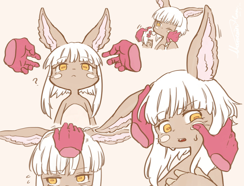 1girl :&lt; animal_ears cheek_squash fangs floating_hand flying_sweatdrops furry made_in_abyss nanachi_(made_in_abyss) one_eye_closed petting simple_background solo_focus whiskers white_hair yama_gan yellow_eyes