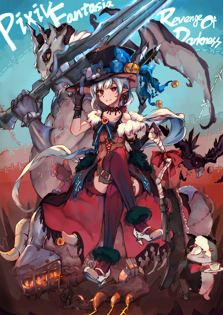 1girl absurdres ami_(pixiv_fantasia) black_gloves blue_hair commentary_request copyright_name gloves hat hat_ornament high_heels highres legs_crossed pixiv_fantasia pixiv_fantasia_revenge_of_the_darkness red_eyes sitting sleeveless smile solo spark_(sandro) thigh-highs top_hat
