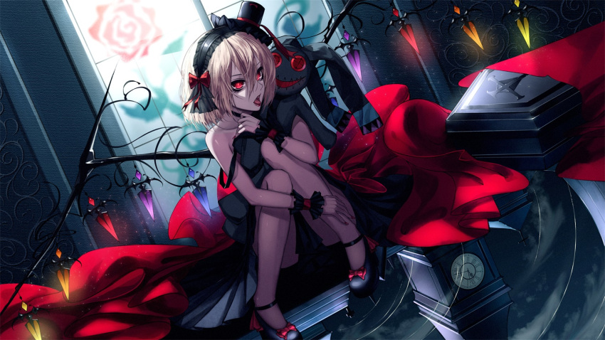 1girl adapted_costume bare_legs bare_shoulders black_footwear black_hairband blonde_hair bow choker clock clock_tower coffin collarbone cross dress flandre_scarlet full_body hair_between_eyes hairband hat indoors lipstick lolita_fashion lolita_hairband makeup mini_hat nail_polish red-d red_bow red_dress red_eyes red_lips red_lipstick red_nails ripples shoe_bow shoes sitting solo stained_glass strap_slip stuffed_toy tongue touhou tower window wings wrist_cuffs