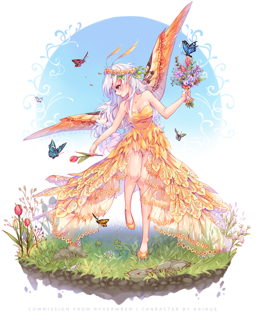 1girl animal antennae artist_name bare_arms bare_legs bare_shoulders blue_eyes blue_hair blue_sky blush breasts butterfly butterfly_wings cleavage closed_mouth collarbone day dress flower flower_wreath full_body grass head_wreath highres holding holding_flower hyanna-natsu long_hair looking_away looking_down looking_to_the_side medium_breasts no_socks original outdoors profile rock shoes sky smile solo strapless strapless_dress tulip wings yellow_dress yellow_shoes yellow_wings