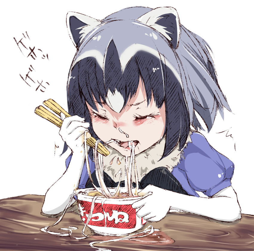 /\/\/\ animal_ears asphyxiation black_bow black_hair black_neckwear blue_shirt bow bowtie choking chopsticks closed_eyes common_raccoon_(kemono_friends) eating fur_collar gloves grey_hair highres kemono_friends maruchan_(company) maruchan_akai_kitsune_udon messy multicolored_hair product_placement raccoon_ears rizzl shirt short_sleeves simple_background table udon upper_body white_background white_gloves you're_doing_it_wrong