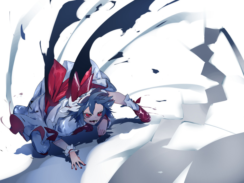 1girl ascot blue_hair bow commentary_request fangs full_body hat hat_bow highres ikurauni mob_cap nail_polish open_mouth red_bow red_eyes red_shoes remilia_scarlet shadow shoes short_hair socks solo touhou white_hat white_legwear