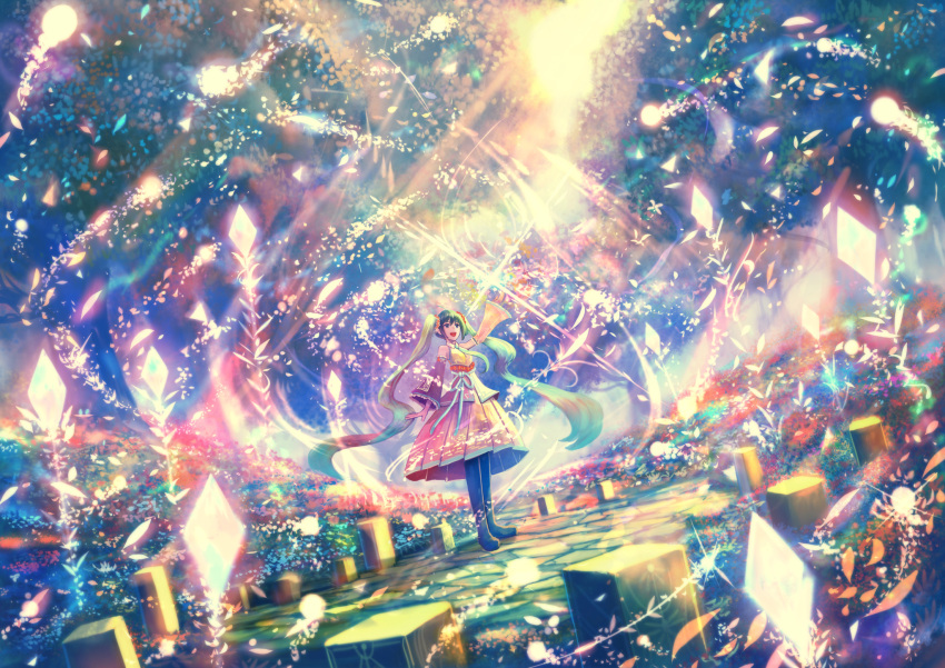 1girl aqua_eyes arm_up black_footwear blue_eyes boots commentary_request crystal day field flower flower_field glowing hand_up hatsune_miku highres light_particles long_hair long_sleeves looking_up magic open_mouth outdoors pleated_skirt sakimori_(hououbds) scenery skirt smile solo standing stone_floor sunlight thigh-highs thigh_boots tree very_long_hair vocaloid wide_sleeves