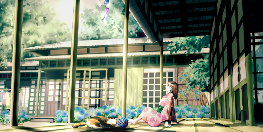 1girl architecture ball brown_hair cat clothesline east_asian_architecture floral_print flower hydrangea japanese_clothes kimono looking_up original outdoors porch profile scenery shadow sitting wind_chime