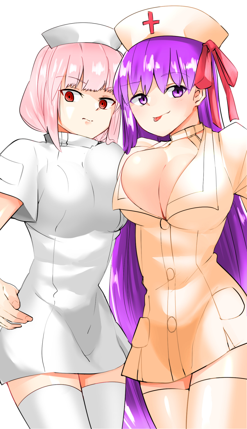2girls :d bb_(fate/extra_ccc) beige_legwear breast_press breasts cleavage fate/extra fate/extra_ccc fate/grand_order fate_(series) florence_nightingale_(fate/grand_order) hand_on_hip hat highres long_hair looking_at_viewer multiple_girls nurse_cap open_mouth pink_hair purple_hair red_eyes simple_background smile symmetrical_docking taichou_furyou thigh-highs violet_eyes white_background white_legwear