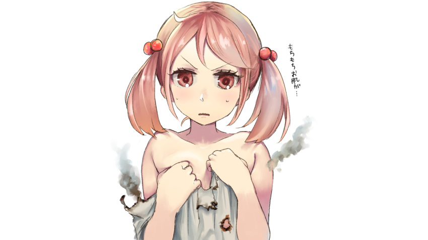 10s blush burnt_clothes check_commentary commentary commentary_request hair_ornament hands_on_own_chest kantai_collection ken_sogen open_mouth partially_undressed pink_hair red_eyes sazanami_(kantai_collection) smoke white_background