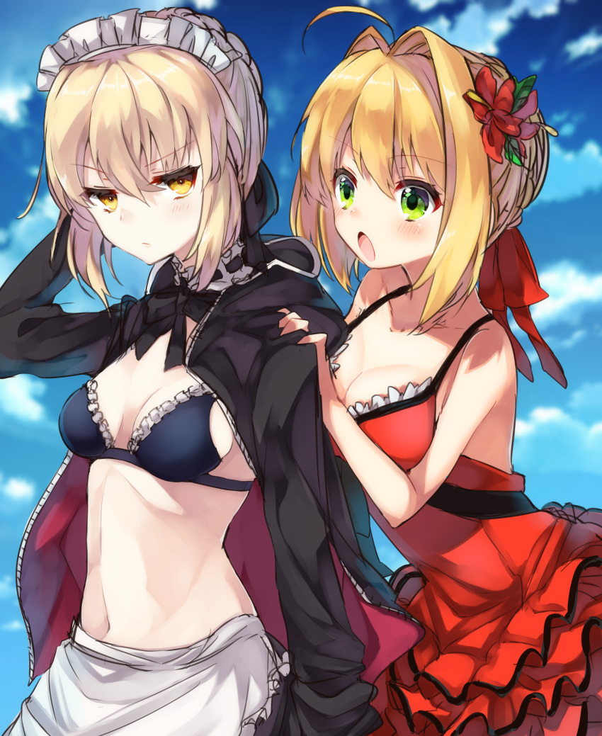 &gt;:o 40_(0f0urw) :/ :o ahoge apron artoria_pendragon_(all) artoria_pendragon_(swimsuit_rider_alter)_(fate) bangs blonde_hair blue_sky blush breasts closed_mouth clouds cloudy_sky collarbone dress dress_swimsuit eyebrows_visible_through_hair fate/extra fate/grand_order fate_(series) flower frilled_apron frills hair_flower hair_intakes hair_ornament hair_ribbon highres hood hoodie jitome looking_at_another maid_headdress medium_breasts navel one-piece_swimsuit open_clothes open_hoodie open_mouth red_dress red_flower red_swimsuit ribbon saber_alter saber_extra sidelocks sky small_breasts swimsuit upper_body waist_apron yellow_eyes