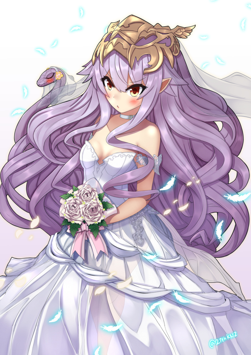 &gt;:o 10s 1girl :o bare_shoulders blush bouquet breasts bridal_veil bride choker dress feathers flower granblue_fantasy headpiece highres kuronekozero lavender_hair long_hair looking_at_viewer medusa_(shingeki_no_bahamut) pointy_ears red_eyes rose see-through shingeki_no_bahamut simple_background small_breasts snake solo strapless strapless_dress thighs veil very_long_hair wedding_dress white_background white_dress