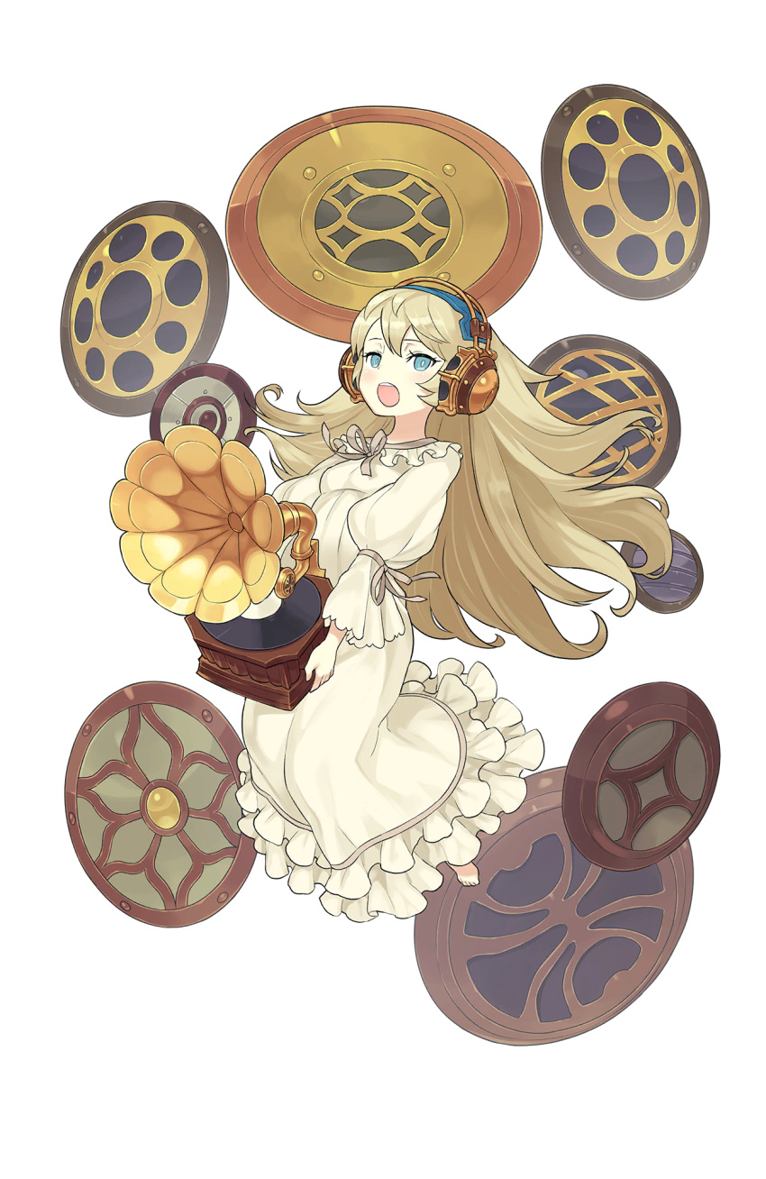 1girl :o alicia_northend barefoot blonde_hair blue_eyes full_body headphones highres long_hair looking_at_viewer nightgown official_art phonograph princess_principal princess_principal_game_of_mission record transparent_background