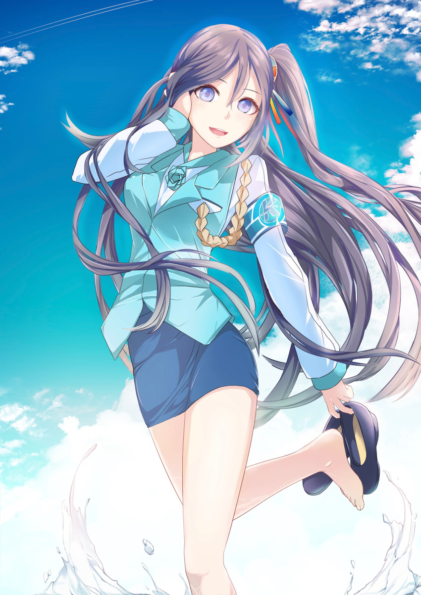 1girl barefoot black_hair blue_eyes blush breasts clouds cloudy_sky cosmicsnic feet hair_ornament highres krt_girls long_hair looking_at_viewer pencil_skirt removing_shoes shoes_removed side_ponytail simple_background skirt sky smile solo splashing water xiao_qiong