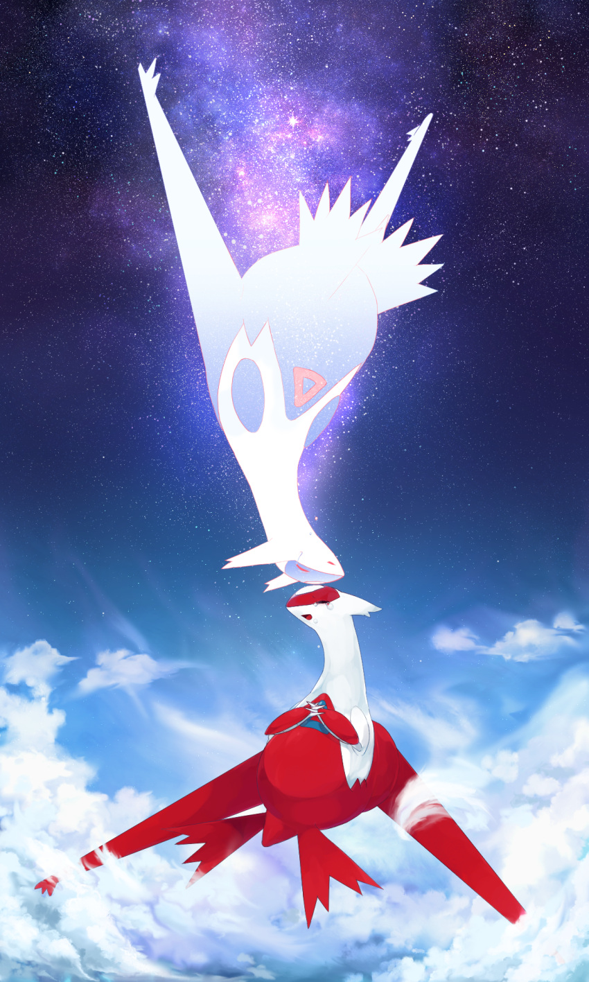 above_clouds clouds commentary_request flying ghost hands_clasped hideko_(l33l3b) highres interlocked_fingers latias latios no_humans outdoors pokemon pokemon_(creature) sky space star_(sky) starry_sky tanabata tears upside-down