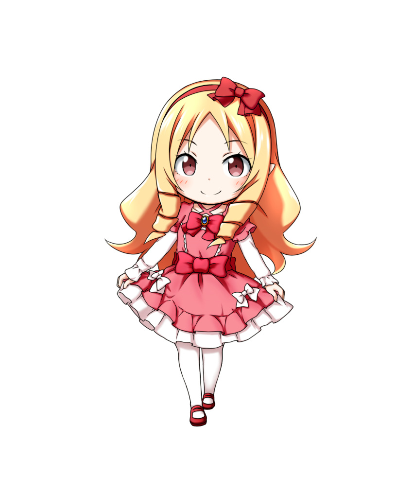 1girl blonde_hair bow brown_eyes chibi dress eromanga_sensei full_body hair_bow hairband highres kuena long_hair looking_at_viewer mary_janes pinafore_dress pink_dress pointy_ears red_bow red_hairband red_shoes shirt shoes simple_background skirt_hold smile solo white_background white_bow white_legwear white_shirt yamada_elf