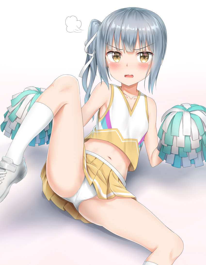 10s 1girl absurdres alternate_costume belly_peek blush cheerleader collarbone grey_hair hair_ribbon highres kantai_collection kasumi_(kantai_collection) kneehighs long_hair navel nedia_(nedia_region) open_mouth panties pleated_skirt ribbon shoes side_ponytail skirt solo underwear white_legwear white_panties white_ribbon white_shoes yellow_eyes yellow_skirt