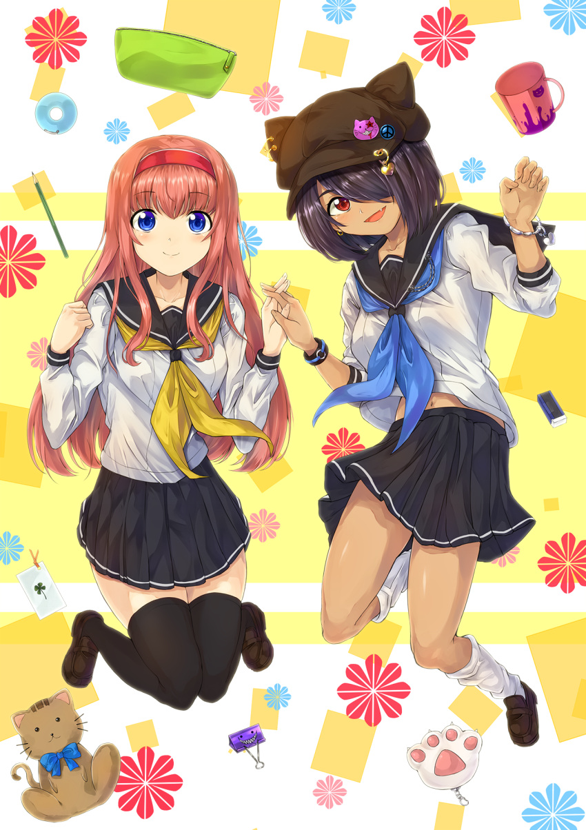 2girls :d animal_hat black_legwear black_skirt blue_eyes bookmark bracelet brown_footwear cat_hat clenched_hand cup earrings eraser hair_ornament hair_over_one_eye hand_holding hand_up hat hat_ornament heart_hair_ornament highres jewelry jumping keychain looking_at_viewer midair mug multiple_girls navel open_mouth original paperclip paw_pose pencil pin red_eyes school_uniform serafuku shoes skirt smile socks stuffed_animal stuffed_cat stuffed_toy tan urkaze_(urture) white_legwear wristband zipper