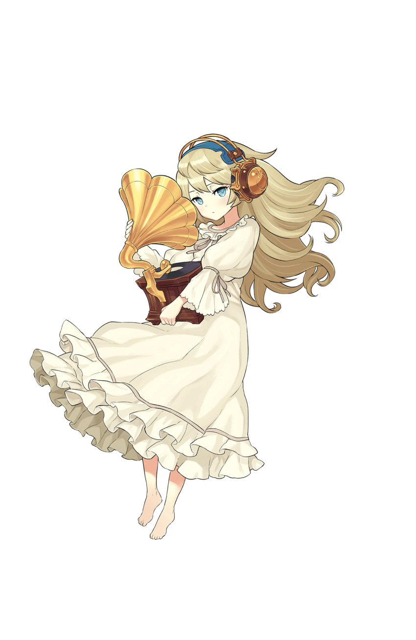 1girl alicia_northend barefoot blonde_hair blue_eyes full_body headphones highres long_hair looking_at_viewer nightgown official_art phonograph princess_principal princess_principal_game_of_mission record transparent_background