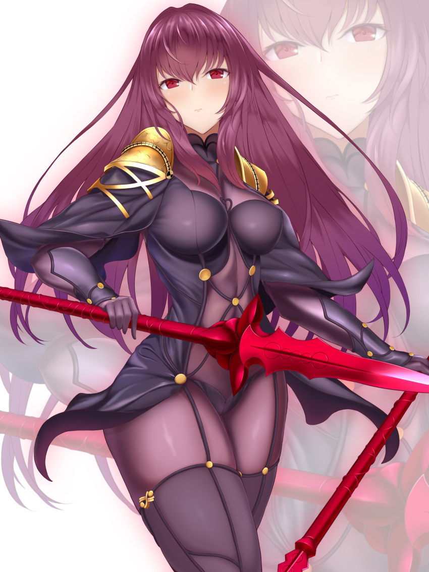 absurdres armor bodysuit breasts covered_navel fate/grand_order fate_(series) flower gae_bolg hair_intakes hibiscus highres holding holding_weapon large_breasts long_hair numaguro_(tomokun0808) pauldrons polearm purple_bodysuit purple_hair red_eyes scathach_(fate/grand_order) shoulder_armor spear weapon
