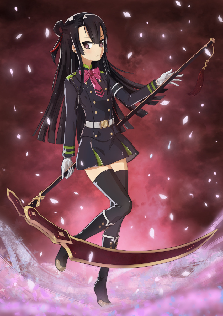 &gt;:) 1girl absurdres arm_at_side armband belt black_footwear black_hair black_shirt black_skirt boots bow bowtie brown_eyes cherry_blossoms closed_mouth commentary eyebrows_visible_through_hair frown full_body gloves hair_between_eyes highres holding holding_weapon itaro knee_boots koori_chikage leaf long_hair looking_at_viewer maple_leaf necktie nogi_wakaba_wa_yuusha_de_aru one_side_up petals pink_bow pink_bowtie pink_necktie scythe shirt skirt solo standing standing_on_one_leg very_long_hair weapon white_gloves yuusha_de_aru