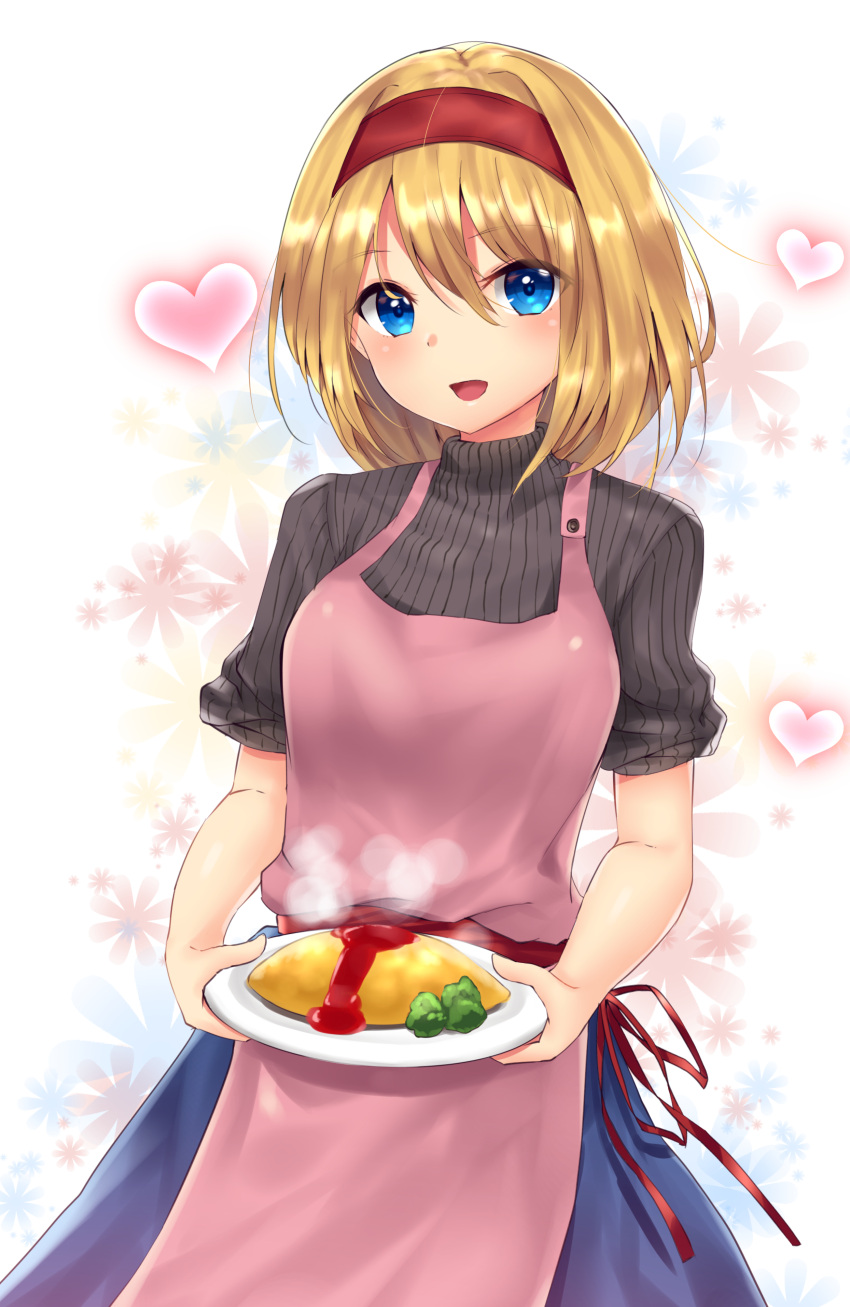 1girl :d absurdres alice_margatroid apron black_sweater blonde_hair blue_eyes food hairband heart highres holding holding_plate looking_at_viewer open_mouth phano_(125042) pink_apron plate red_hairband short_hair smile solo steam sweater touhou turtleneck turtleneck_sweater
